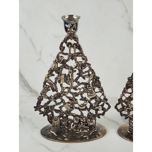 Godinger Christmas Tree Candle Holder 10" Holidays 80's Silver Plated x2 Vintage - Picture 2 of 16